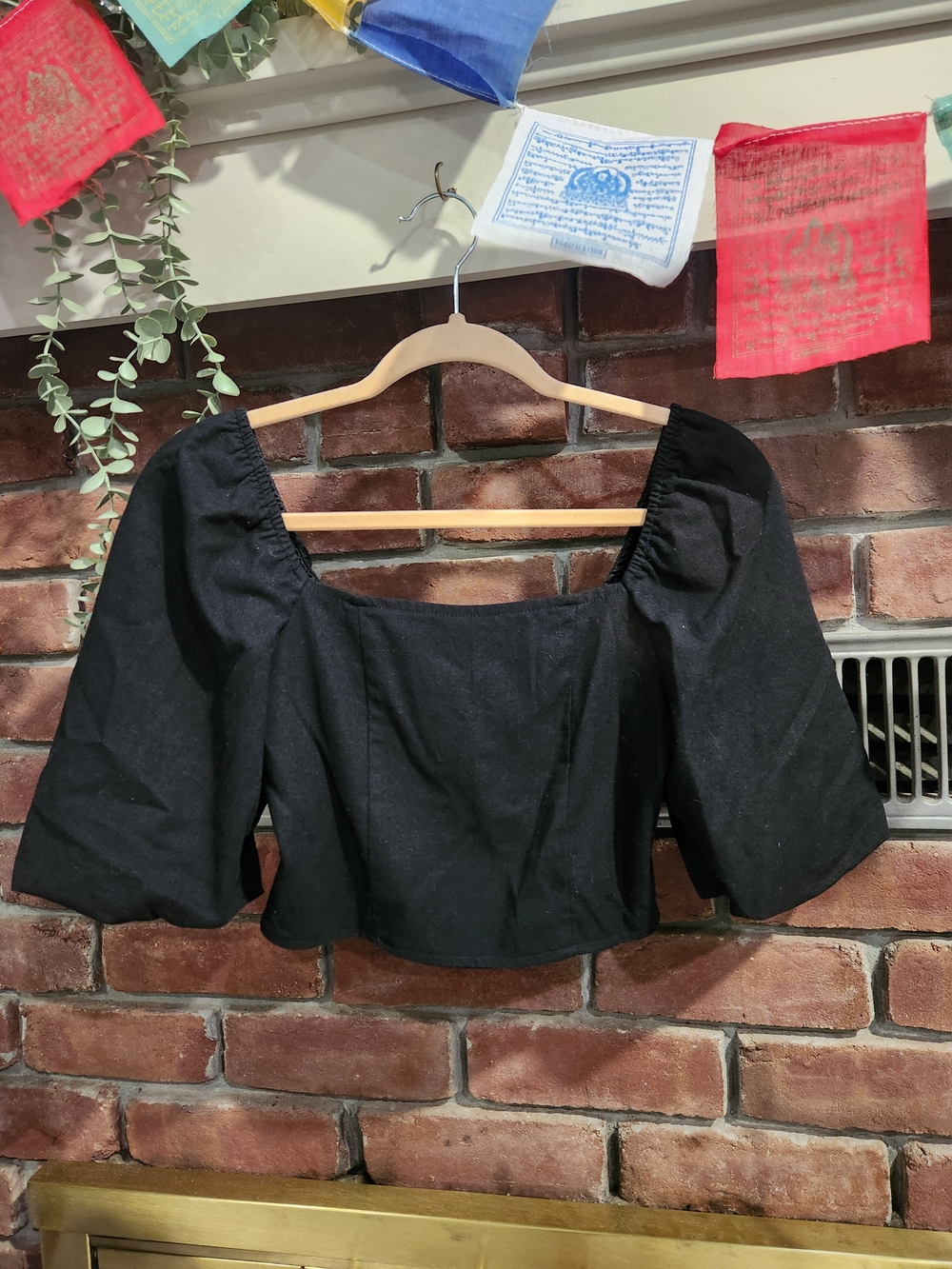 Francesca's Black Puff Sleeve Square Neck Smocked Back Crop Top XS - Picture 1 of 4
